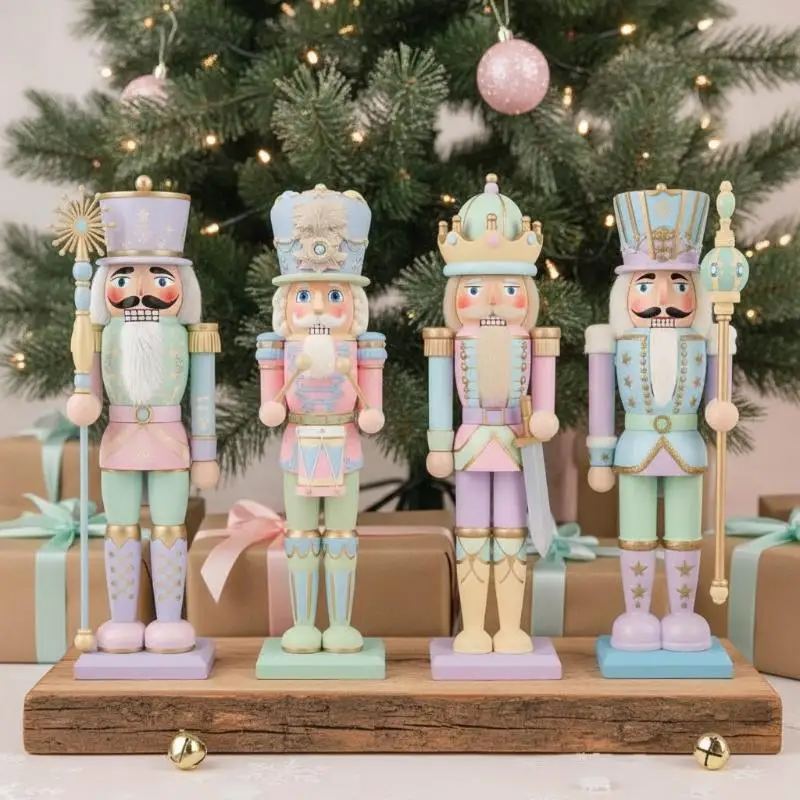 3/4Pcs 2D Flat Pastel Wooden Nutcracker Soldier Set Hand Painted Figurine Christmas Ornament For Home Xmas Tree Party Decor