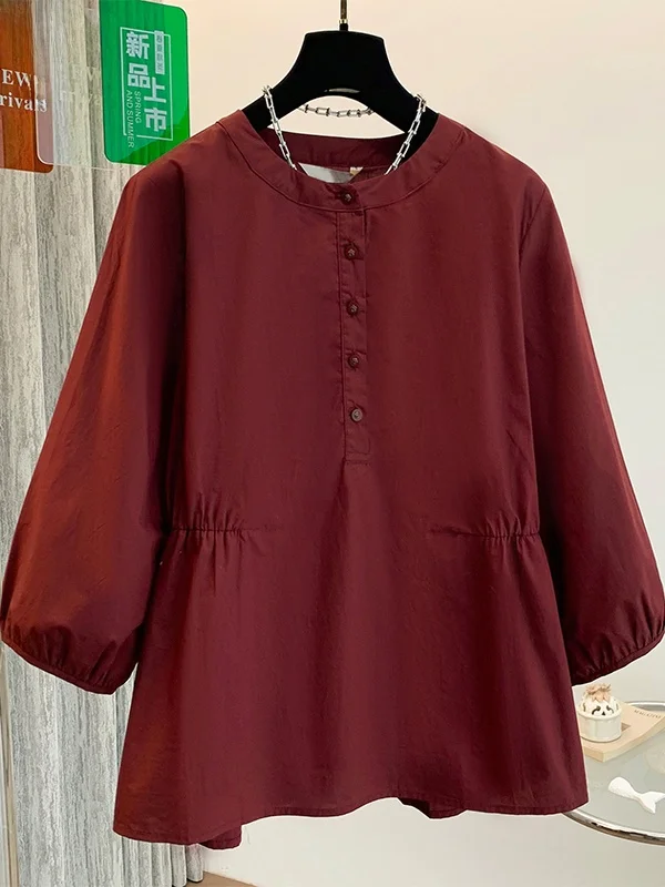 เสื้อคลุมคาร์ดิแกนทรงหลวม คอตั้ง แขนยาวเจ็ดส่วน ดีไซน์เรียบง่าย สีพื้น ผ้าพลีท ติดกระดุม  ไซส์ใหญ่ สำหรับผู้หญิง