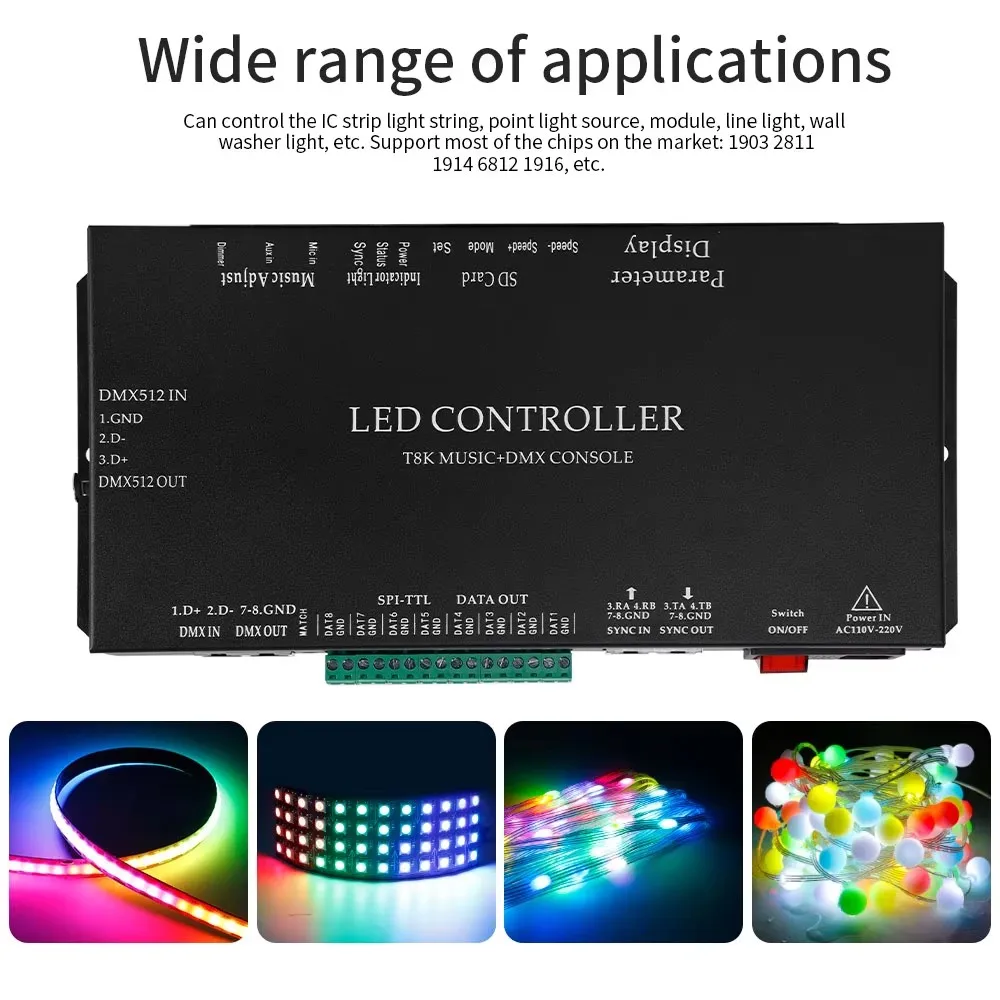 T8K Music + DMX Console Programmable Addressable SPI LED Controller WS2811 WS2812B WS2811 SK6812 RGBW LED Strip