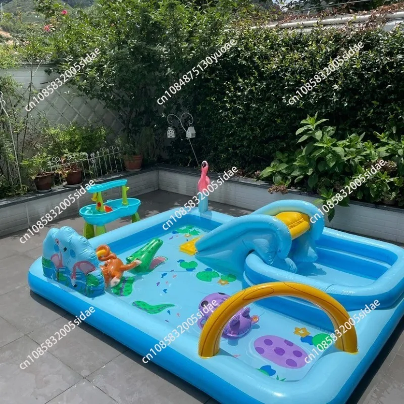 Inflatable Rainbow Flamingo Pool Family Water Fountain with Slide Cartoon Play Pool Ocean Ball Pool for Kids