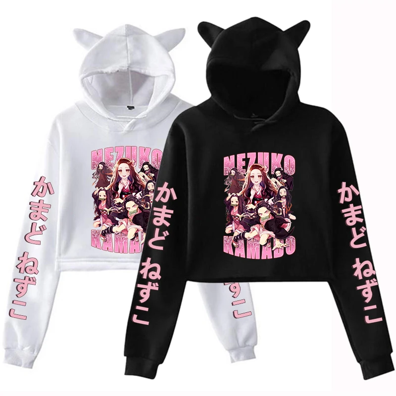 

New Anime Hoodie Fashion Women Girl Cat Ears Cropped Hooded Kamado Nezuko Casual Long Sleeve Sweatshirt Pullover Tops