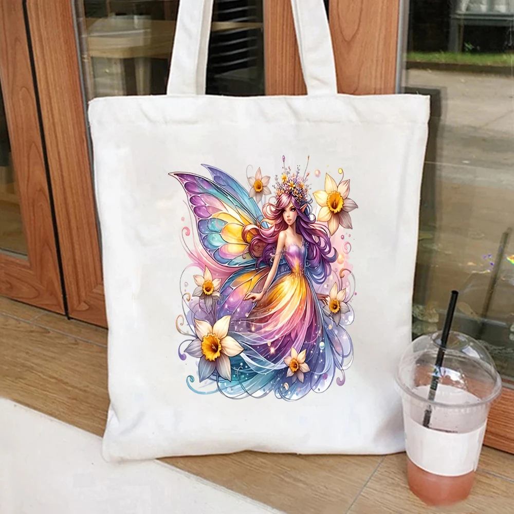 Rainbow Wing Fairy Art Canvas Tote Bag Practical Handbags for Daily Shopping,Commute,Travel,school,Yoga bag,Picnics,and Parties.