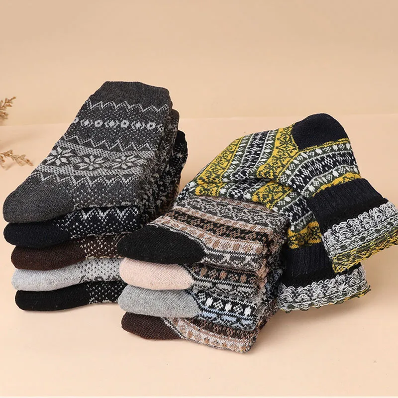 5 Pairs/Lot Men\'s Thick Wool Socks Autumn And Winter High Quality Japanese Vintage Stripes Warm Comfortable Soft Socks EU 38-44