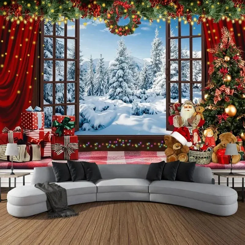 VIKAMA Christmas Window View Tapestry Santa Xmas Tree Gift Snow Forest Wall Hanging Holiday Party Background