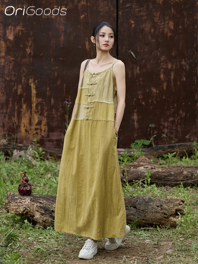 OriGoods Spaghetti Jurk Vrouw 2025, Nieuwe Zomer Lange Jurk Linnen Katoen Patchwork Onderjurk Vrouw Elegante Vestidos B314