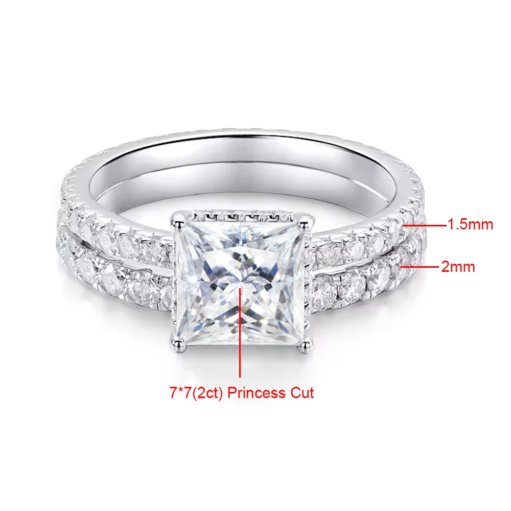 2 Carat D VVS1 Princess Cut Full Moissanite Rings for Women S925 Sterling Silver Engagement Ring Set Wedding Bands Jewelry GRA