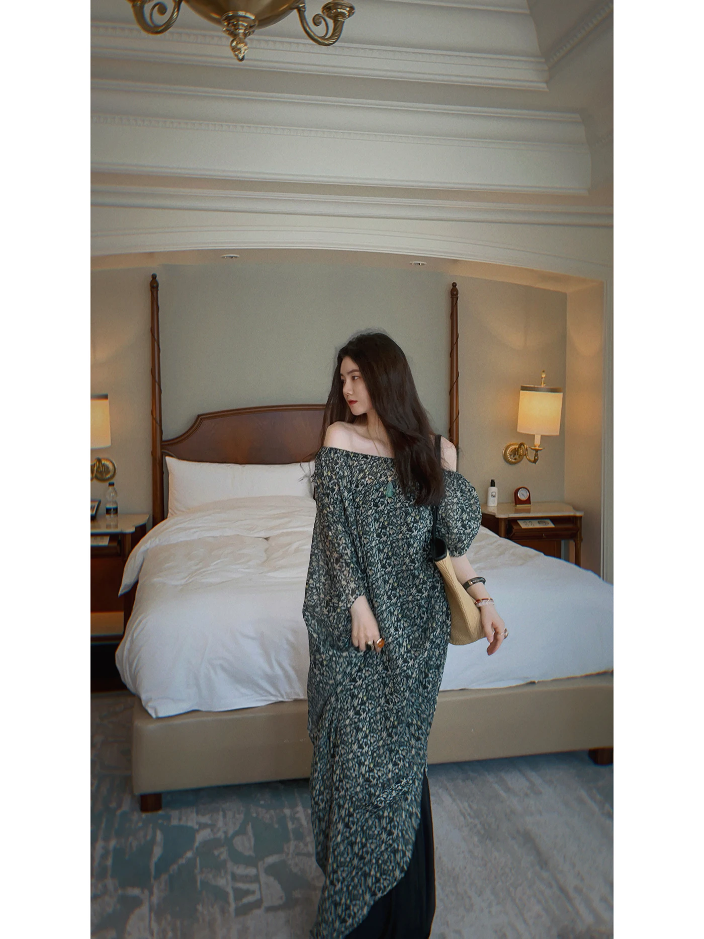 

Yanyan Asymmetrical Design Floral Print One oulder Dr Multi-Wear Long Dr Ele Sle Seven Sve Polyester Fiber