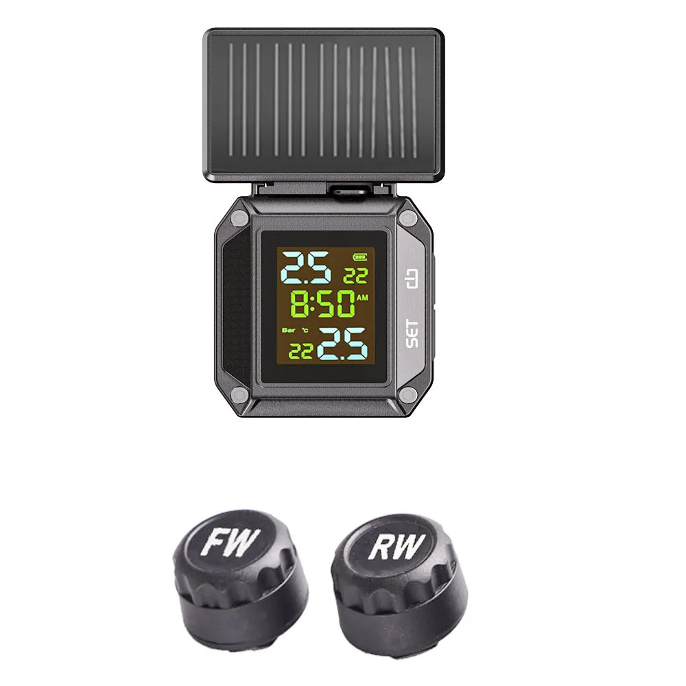 Solar & USB Charging Motorcycle TPMS Wireless Tire Pressure Monitoring System With 2 External Sensor LCD Display Tire Temp Alarm
