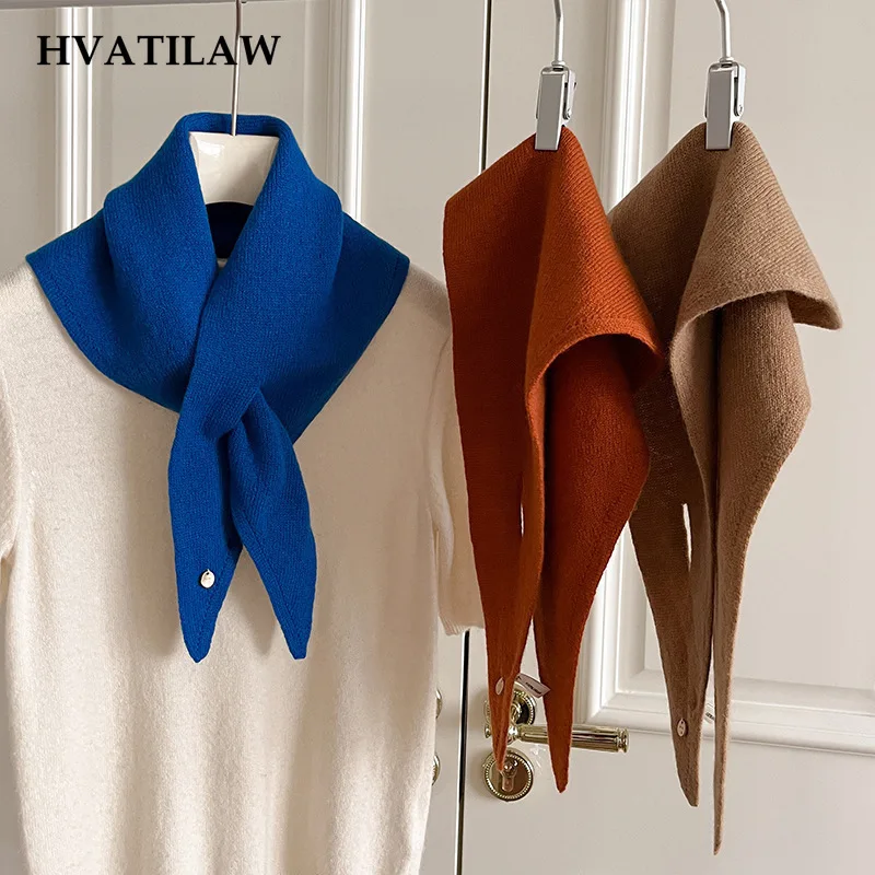 Women 100% Wool Triangle Scarf Shawl Autumn Winter Button Closure Warm Neck Stole Knit Wrap Fashion Pashmina Poncho Accessory