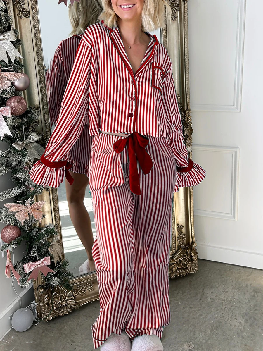 Women s Striped Pajama Set with Long Sleeve Button-up Crop Tops and Bow Detail Long Pants - 2 Piece Sleepwear Outfit for a Cozy