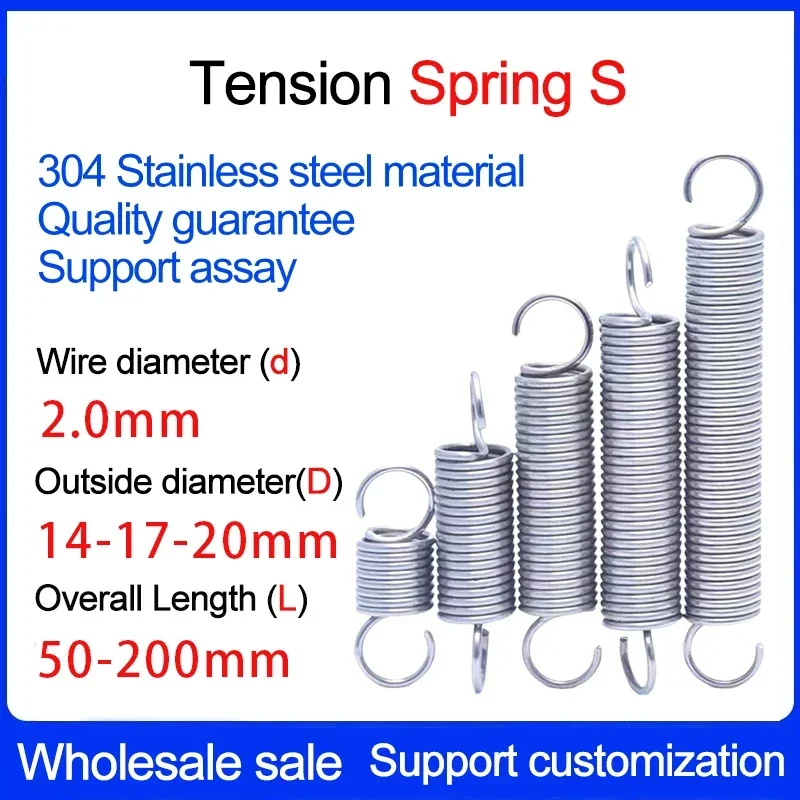 

304 Lengthened Stainless Steel Tension Spring S-type Spiral Opening Tension Spring Wire Diameter 2.0mm Length 50-200mm