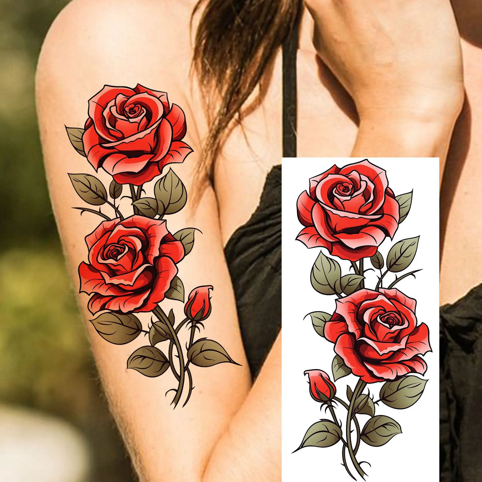 

Waterproof Temporary Tattoo Stickers Fresh Rose Leaves Ins High Quality Premium for Arm Skin Safe