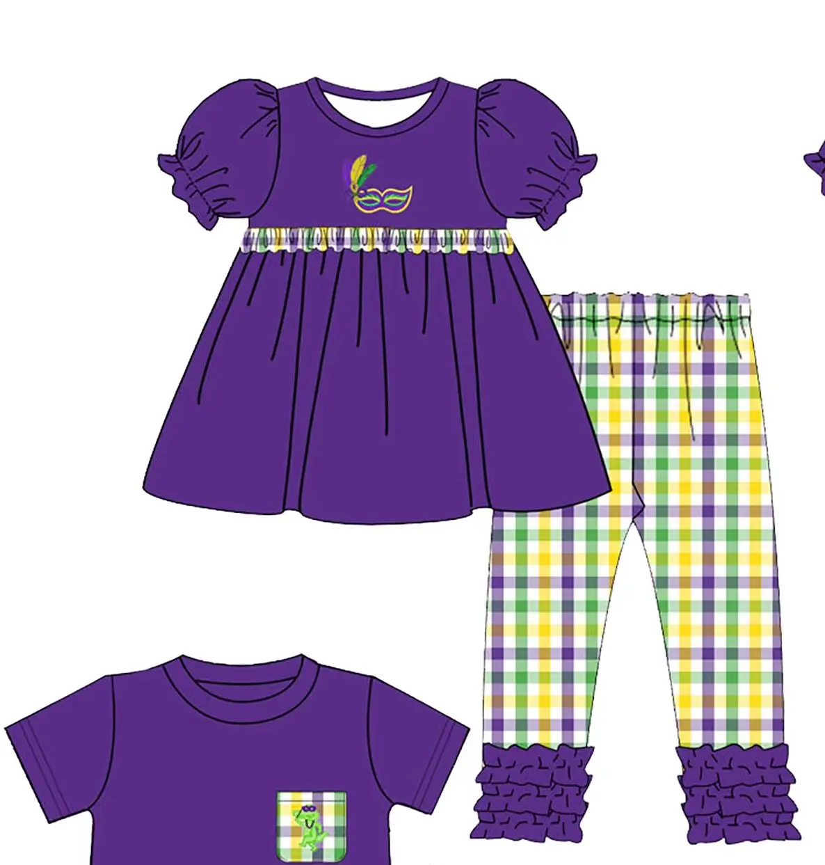 Kids Mardi Gras Outfit Purple Mask Print Gingham Ruffle Pants Set Jumpsuit Toddler Baby Carnival Boutique Clothing view 3