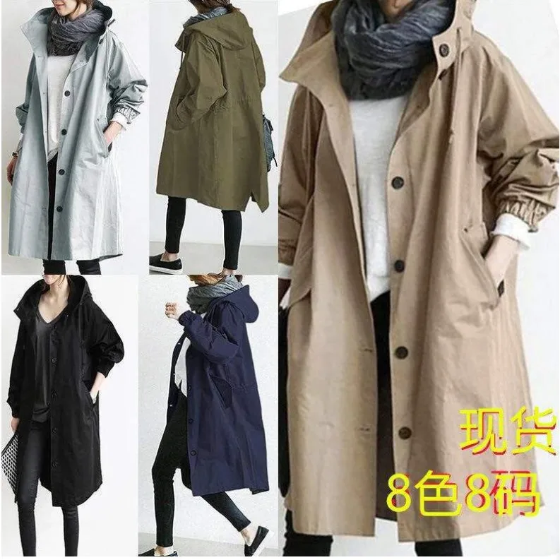 Spring And Autumn Casual Korean Fashion Hooded Mid-Length Coat Loose Windproof Jacket Women's Windbreaker Solid Color Pocket