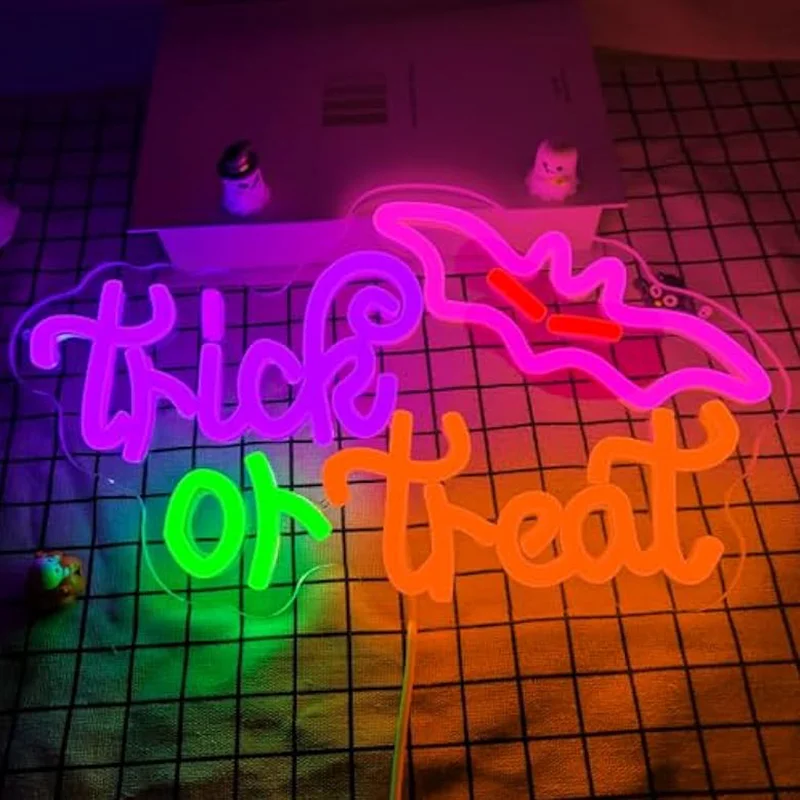 

Halloween Led Neon Sign LED Dimmable Trick or Treat Neon Sign Wall Decor for Home Party Bar Salon Window Porch Front Door