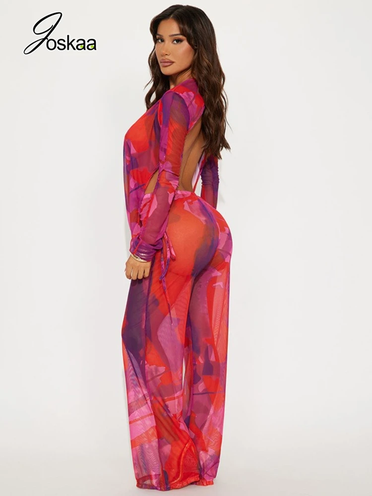 Joskaa Printed Mesh 2 Piece Set Women Sexy Draped Neck Long Sleeve Backless Asymmetric Top+Flare Pants Match Beach Holiday Suits - Image 2