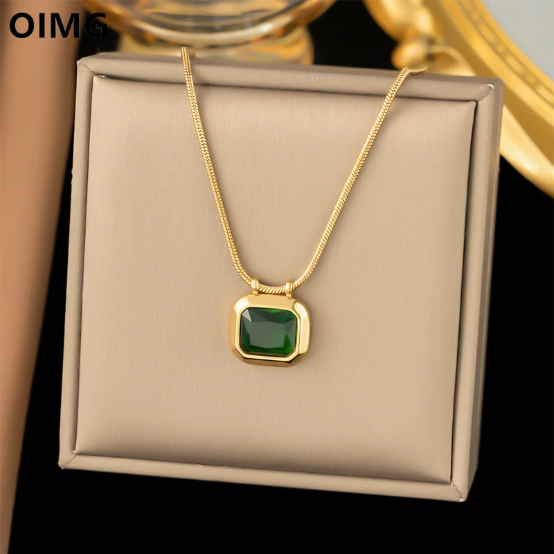 316L Stainless Steel New Trendy Minimalist Snake Chain Green Zirconia Rectangle Pendant Necklace For Women Rust-Proof Jewelry