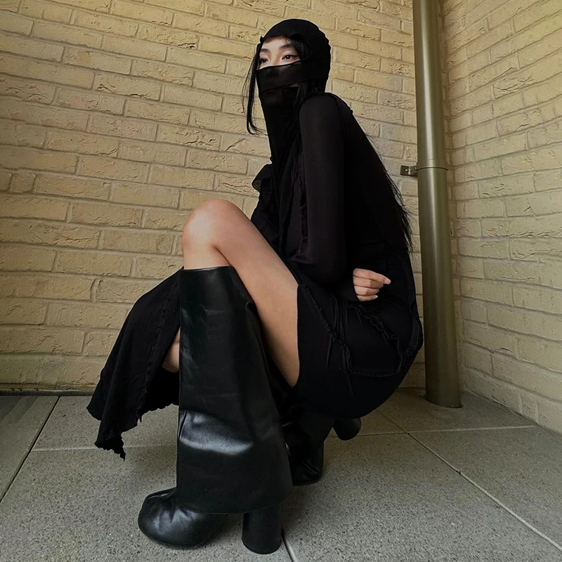 خريف جديد لون نقي مقنعين ذوي الياقات العالية المروع الجوف خارج كم طويل فستان المرأة العصرية النمط الأوروبي والأمريكي