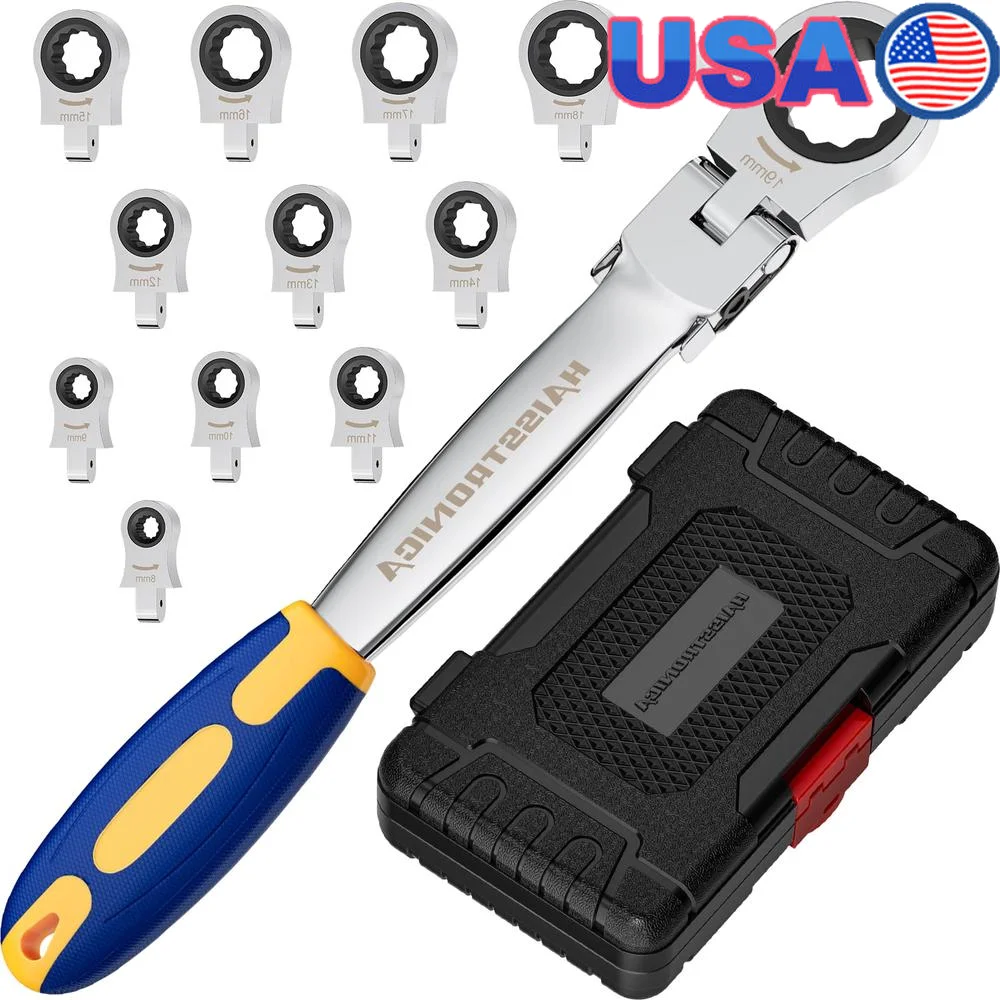 Metric Flex-Head Ratchet Wrench Set 8-19mm 12-in-1 Combination Tool Auto Repairs