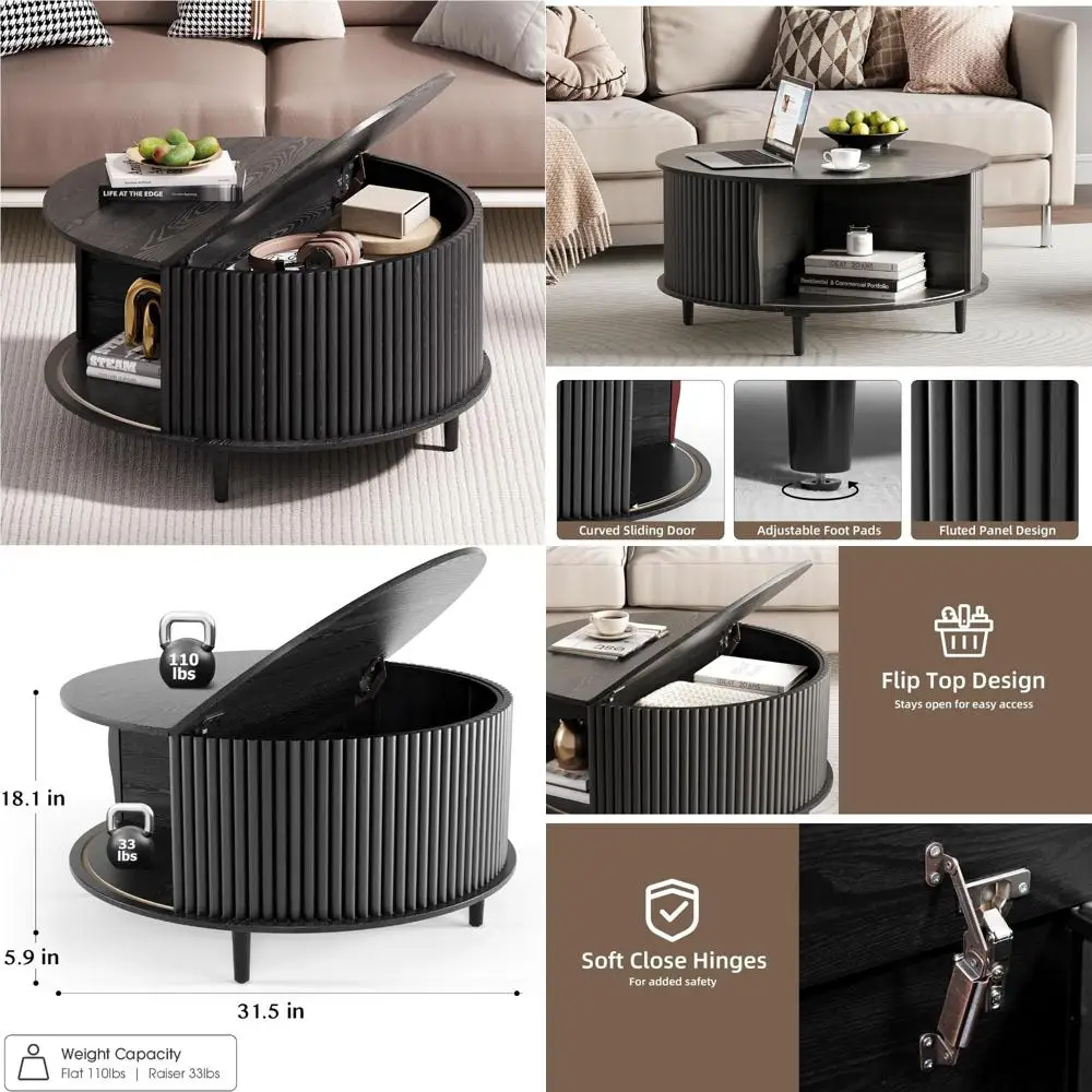 โต๊ะกาแฟทรงกลมสไตล์มิดเซ็นจูรี่โมเดิร์น พร้อมที่เก็บของ ดีไซน์ลายร่อง สำหรับห้องนั่งเล่น