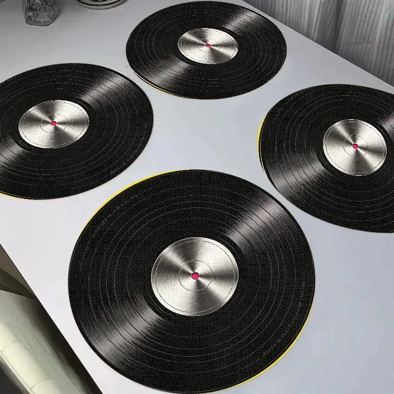 VIKAMA Retro Neon Colorful Black Glue Record Round Linen Placemats, Heat Resistant for Dining Table Home Decor