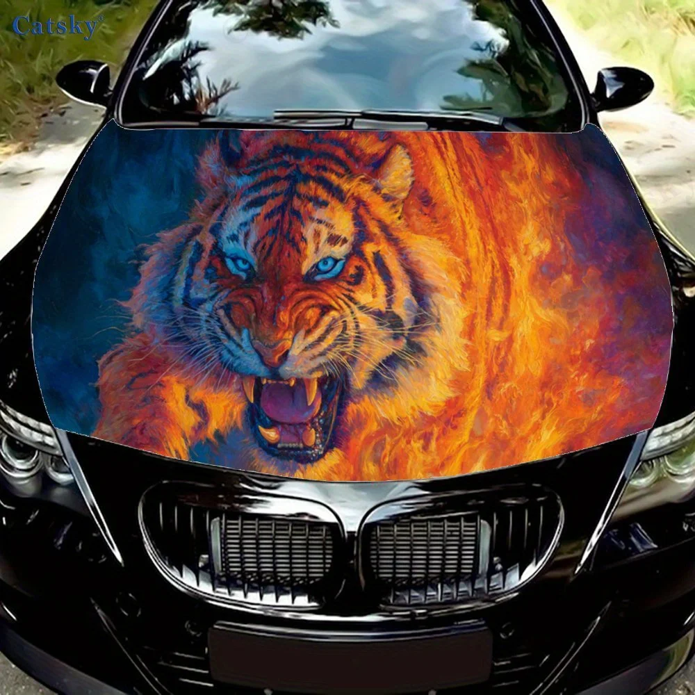 

Roaring Tiger Featuring Brilliant Flame Car Engine Hood Sticker, Auto Art Decal, Car Exterior Personalized Decoration, Gift for