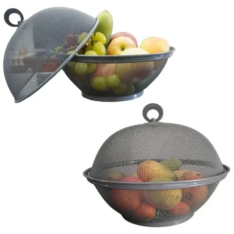 Large Capacity Mesh Fruit Basket with Lid Food Grade Prevent Fly Stainless Steel Kitchen Drain Basket Vegetables Fruit Holder