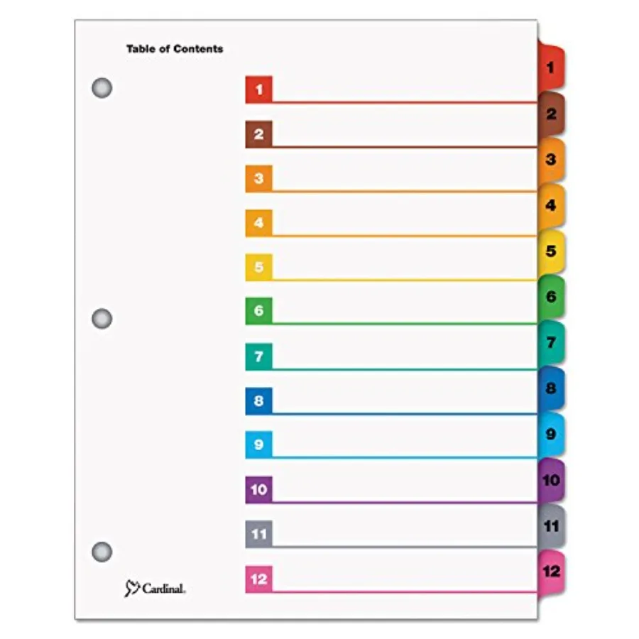 

Tops 12-Tab Numbered Binder Dividers, OneStep Index System for 3 Ring Binders, Tabs Numbered 1-12, Reverisble Tabs, 1 Set 61218