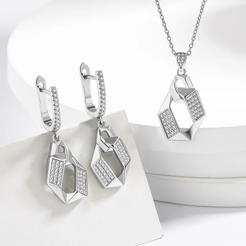 

Легкий роскошный великолепный комплект свадебных украшений из стерлингового серебра 925 пробы с инкрустацией цирконом и геометрическим дизайном