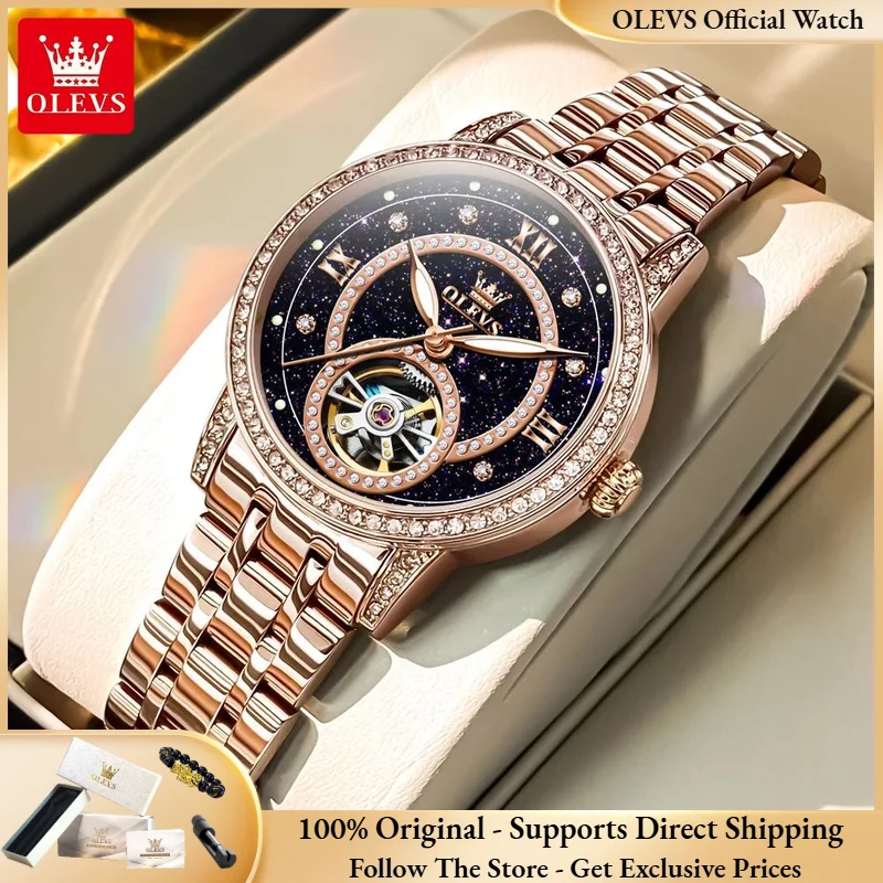

OLEVS 7036 Women Watch Automatic Mechanical Watch Hollow Starry Sky Flywheel Dial Inlaid with Diamonds Elegant Women Brand Watch