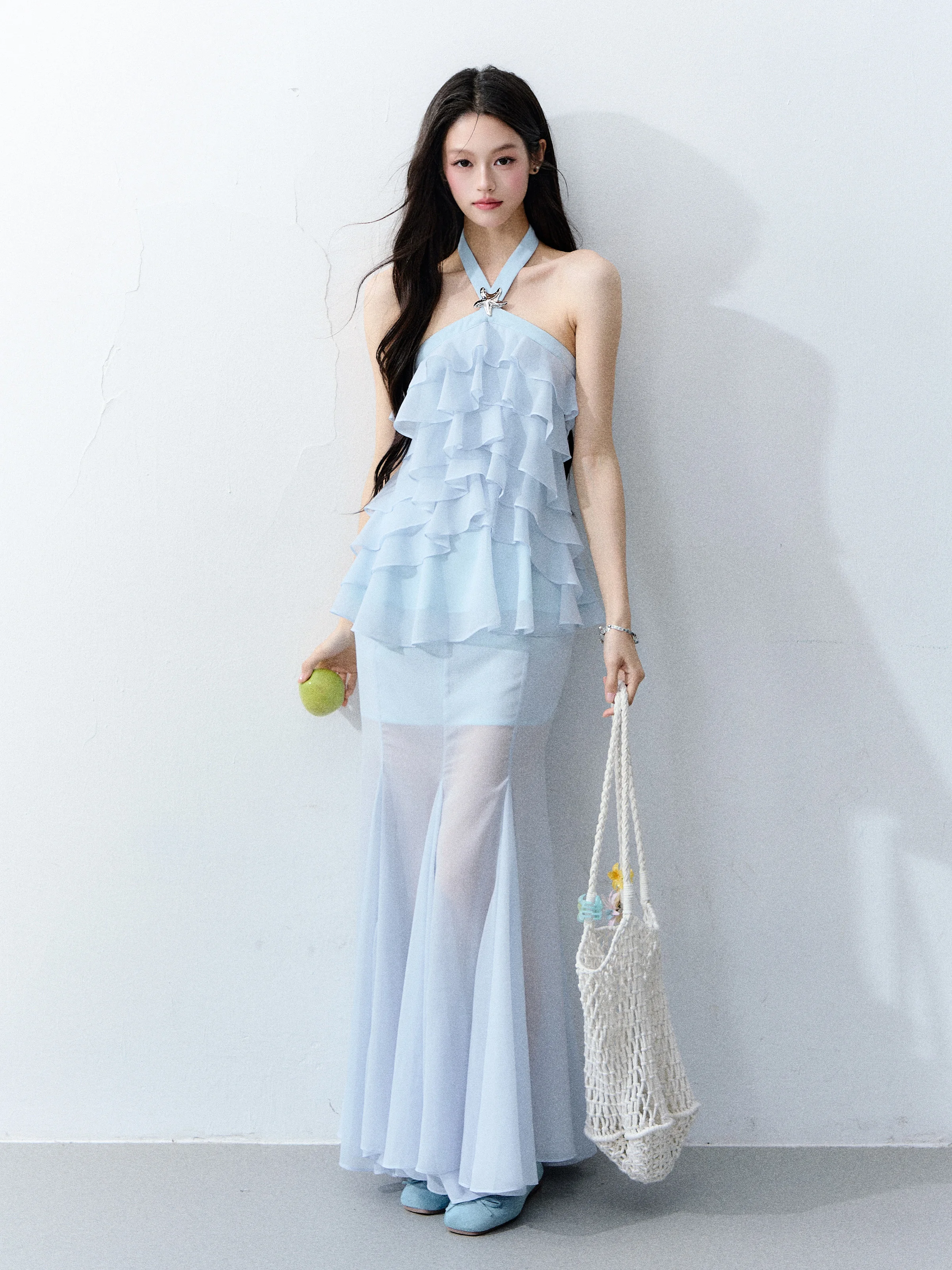 

Romantic Vacation Style Lace Trimmed Bridal Set Dress Morning Fog Garden Theme Breathable Lightweight Polyester Fabric