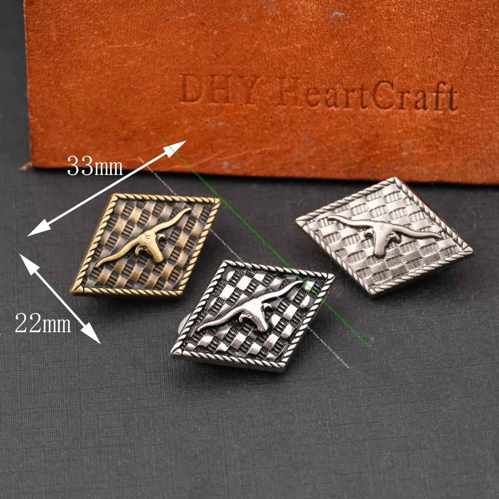 10Pcs Western Vintage Gold Brass Rhomb Longhorn Bull With A Woven Texture Belt Leathercraft Accessories Conchos Scresback