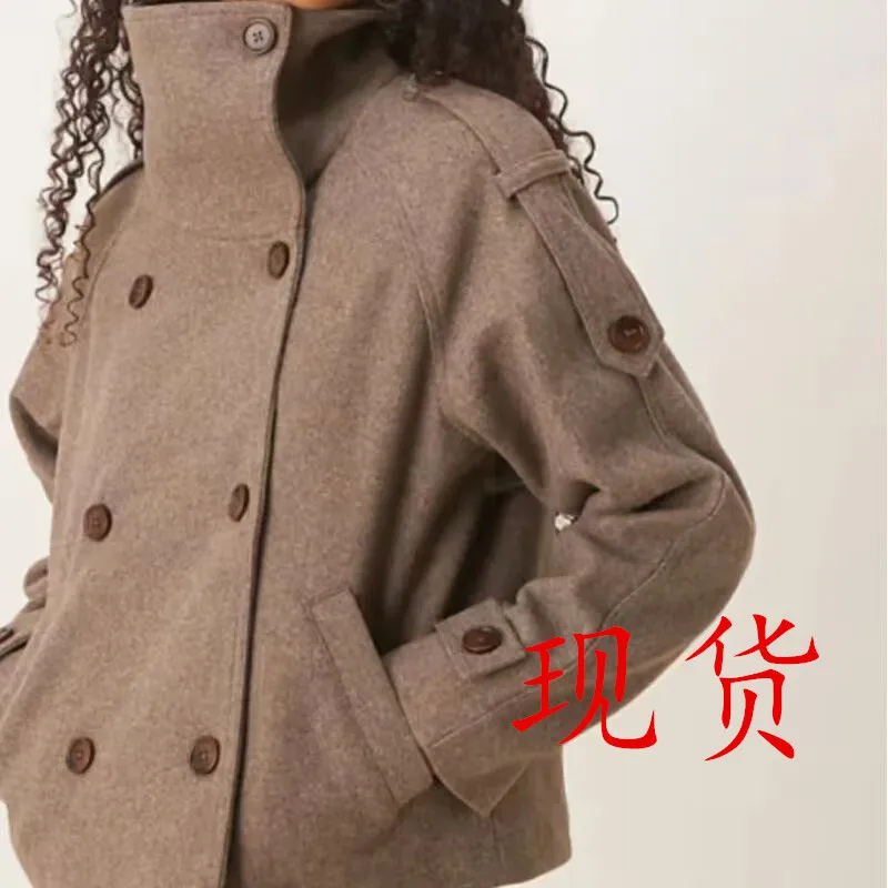 Coat women 2026 casual High-quality new tweed autumn winter double-breasted stand-up collar pocket jacket women's clothing