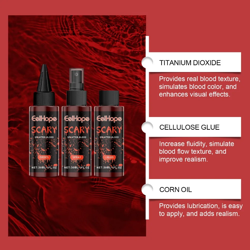 Halloween Fake Blood Makeup Kit Blood Drop Vampire Zombie Cosplay Washable Mock Blood Fake Blood Spray For Party Horror Red Tool