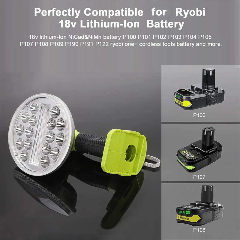 For Ryobi 18V Lithium Nickel One+ Battery P104 P108 2000lm LED Tool Lamp Work Light Flashlight Camp Outdoor Emergency Lighting