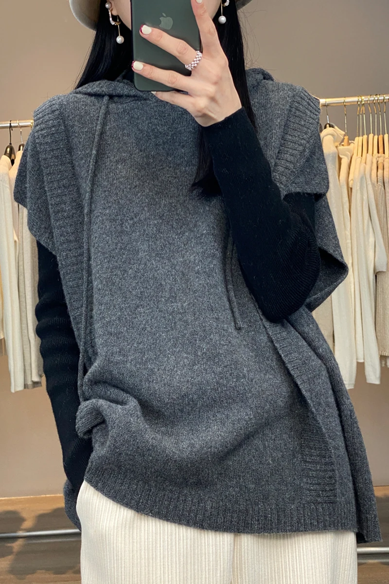 Women\'s 100% Wool Hooded Sweater, Knitted Vest, Vintage Casual Tops, Loose Pullover Jumper, Solid Waistcoat, Spring, Autumn, Y2k