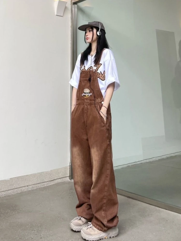 Women Brown American Vintage Hamburger Embroidered Suspender Overalls Loose Straight Fit Slimming Denim Jumpsuit Ins Trend