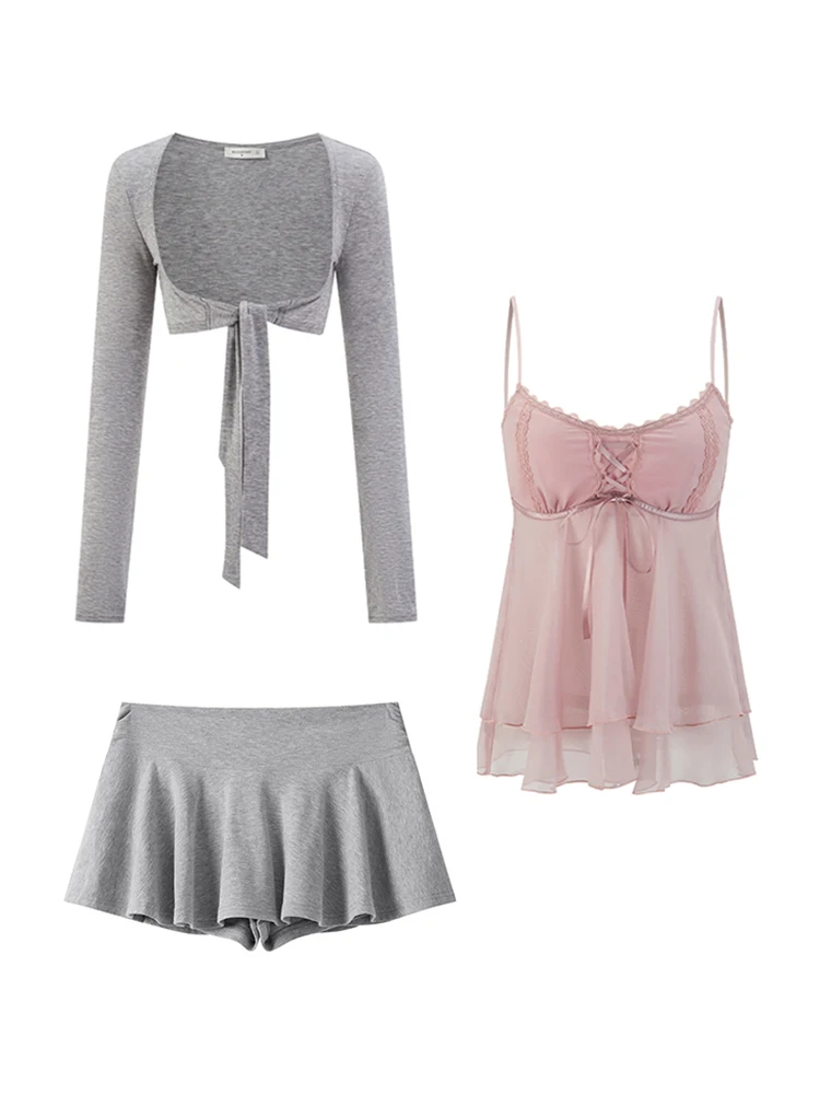 Summer 2026 Korean Style Pink Long Sleeve Open Cardigan Belted Vest High Waist  Skirt Three Piece Set Women's Fashion Ens...
