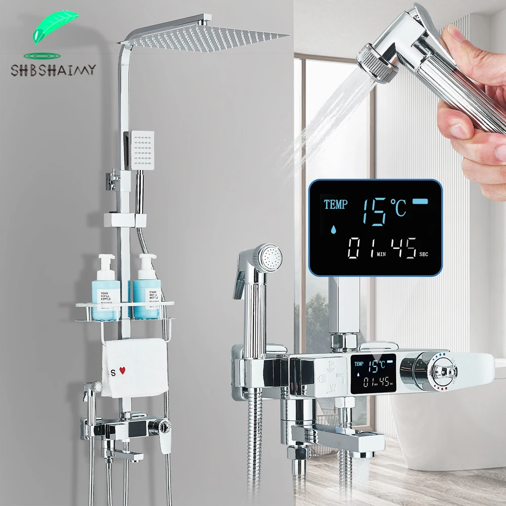 Chrome Thermostatic Digital Display Shower Faucet Set Rainfall Bathtub Tap With Bathroom Shelf Bidet Faucets Shower  Bath System