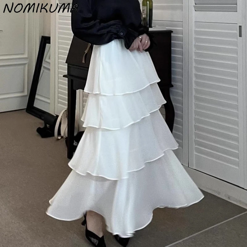 

Nomikuma Korean Chic Spring French Vintage Elastic Waist Versatile Slim Splicing Layered Cake Skirt Half Length Skirts Mujer