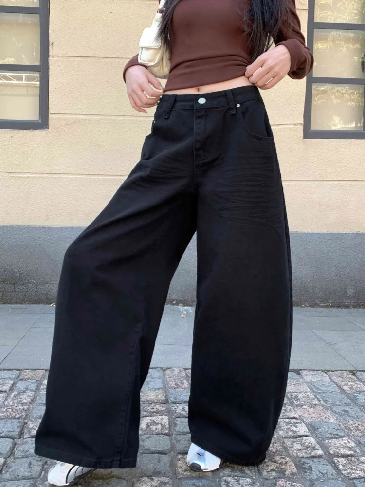 2025 Ropa Y2K Streetwear Black Pleated Casual Baggy Women's Jeans Pants For Woman Clothing Wide Leg Cotton Loose Long Trousers