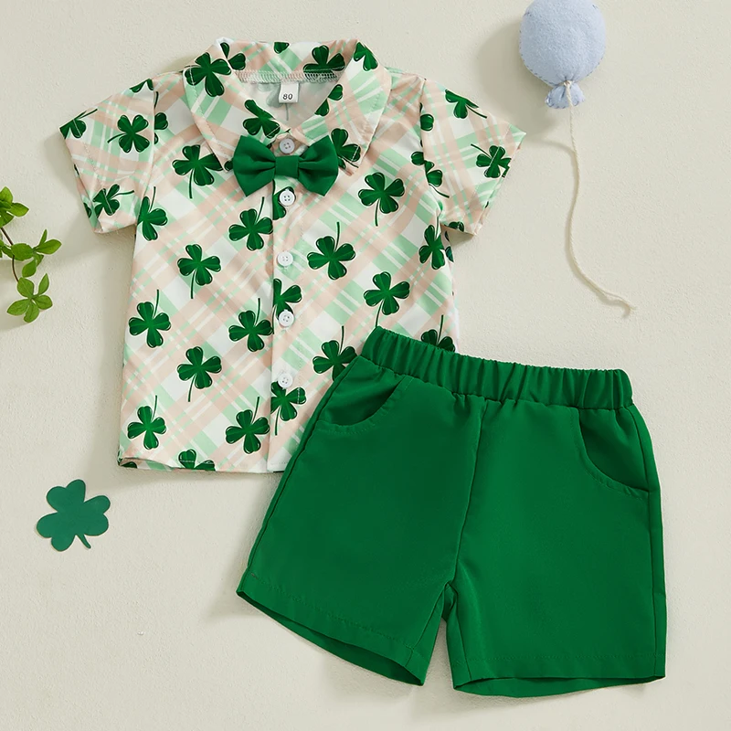 

Stylish Toddler Boy Shamrock Outfit Set with Striped Plaid Short Sleeve Shirt Bow Tie and Elastic Waist Shorts