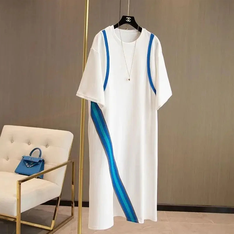 ฤดูร้อนวินเทจหลวมO-คอแขนสั้นสบายๆเสื้อยืดชุดเสื้อผ้าผู้หญิงอารมณ์สง่างามลายชุด