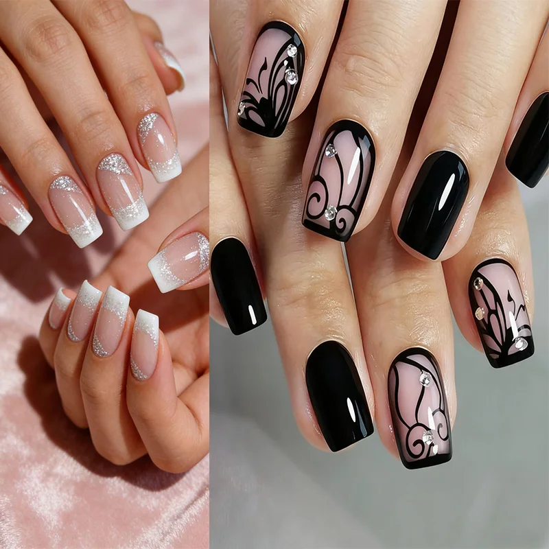 

24pcs Black Flower Full Cover Nail Tips Finished Short Square False Nails Sets Simple Ballet Fake Nail Wearable Press on