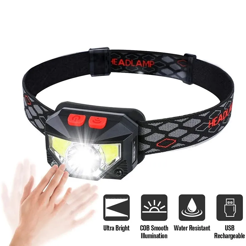 LED Sensor Headlamp USB Rechargeable Induction COB Headlight Built-in Battery Waterproof Head Flashlight Fishing Camping Torch