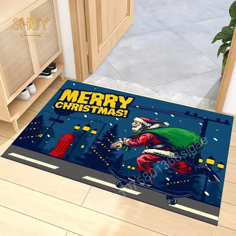 Christmas Print Carpet Bathroom Rug Entrance Anti-slip Doormat Bath Living Room Hallway Floor Mats Kitchen Bedside Home Decor