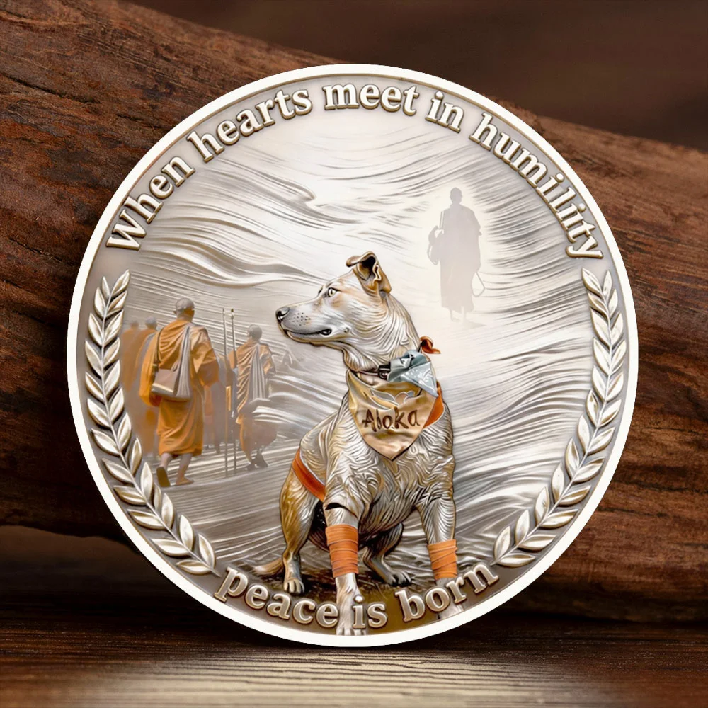 Anniversary Silvery Plated UV Relief Commemorative Coin of The Peace Journey Coin of The Little Dog Aroka for Collection
