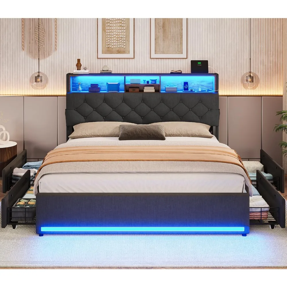 Bed, Queen Bed Frames with Headboard & 4 Drawers, LED Bed Frame Twin with Charging Station, Upholstered and Metal Queen Bed image 6