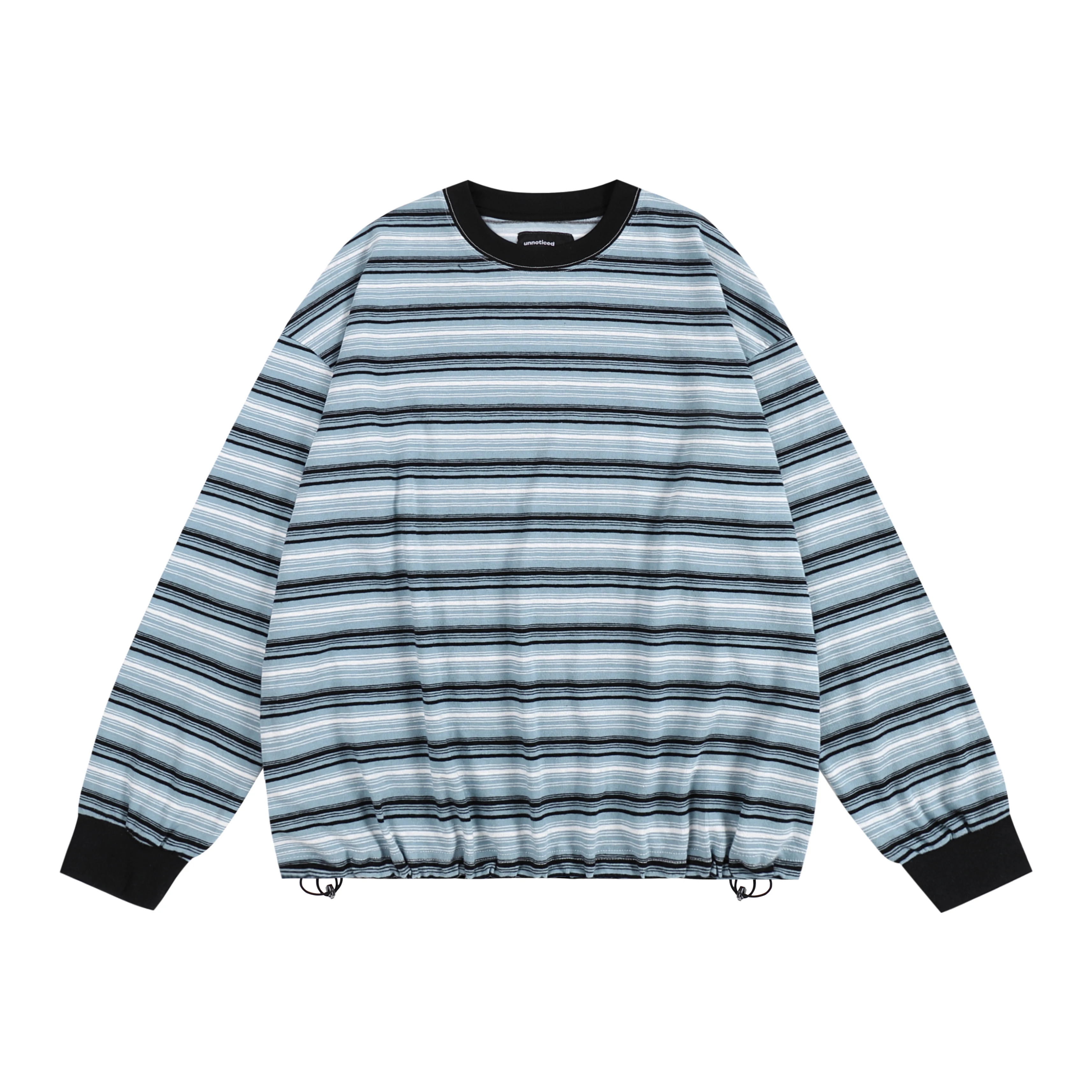 Washed Lightweight Short Wide Drawstring Hoodie Long Sleeve T-Shirt Men Women Style Mist Blue Stripes Retro Balloon Sleeve Top