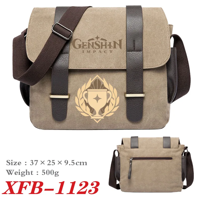 Anime Genshin Impact Shoulder Bag Messenger Travel Canvas Durable With 2 Leather Belt Buckle Bookbag